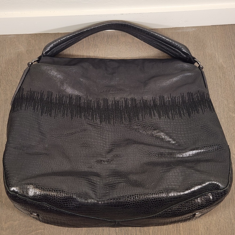 Liebeskind Berlin Large Leather Hobo Bag Crocodile Embossed Magnetic Embroidered